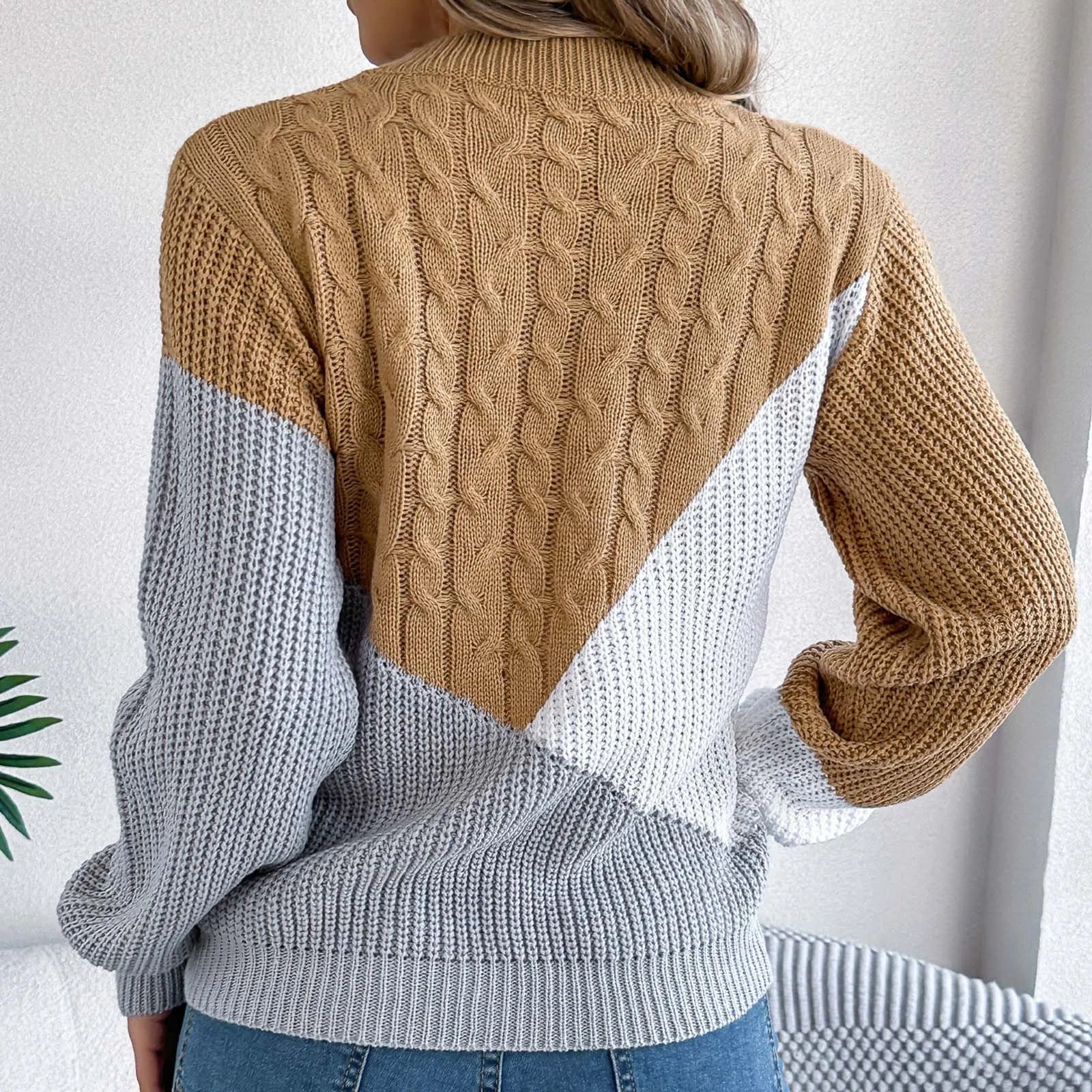 Women's Color Block Cable Knit Relaxed Fit Contemporary Sweater Pullover