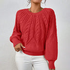 Women's Textured Cable Knit Crew Neck Relaxed Fit Sweater Pullover