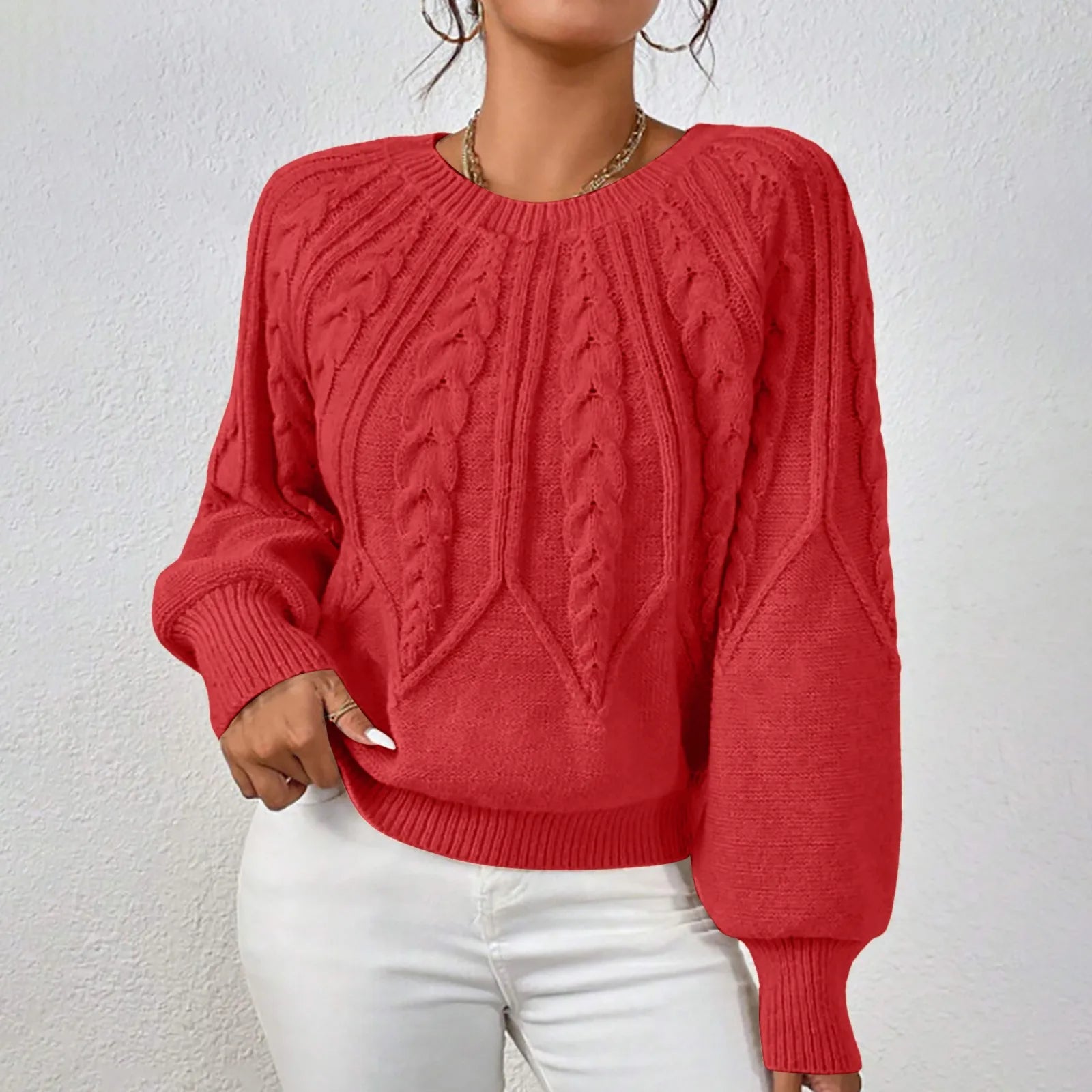 Women's Textured Cable Knit Crew Neck Relaxed Fit Sweater Pullover