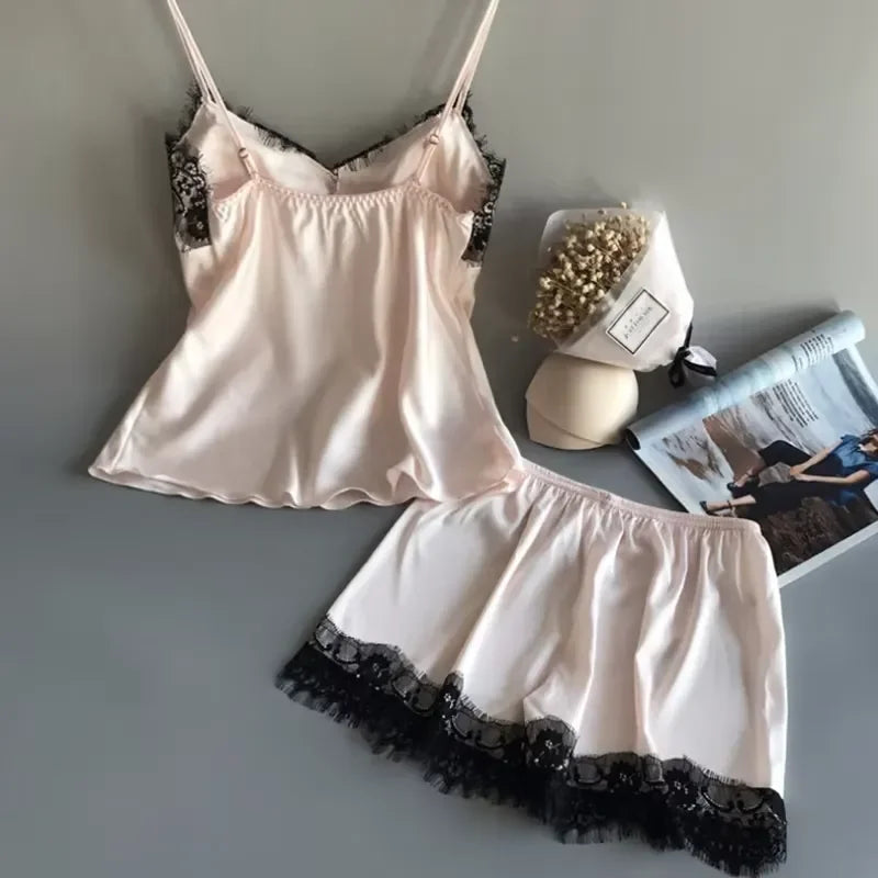 Women's Lace-Trim Satin-Look Pajama Set with V-Neck Camisole Top and Matching Shorts, Sleeveless Two-Piece Nightwear