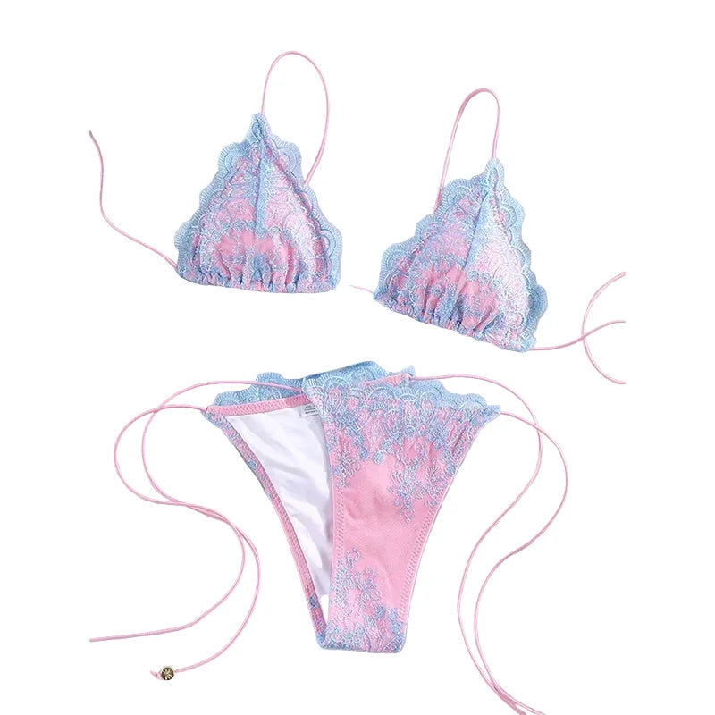 Pink and Blue Lace-Trimmed Triangle String Bikini Set