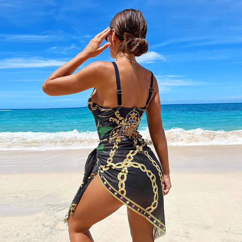 Royal Blue Baroque Print Swim Set with Structured Top and Matching Wrap Skirt