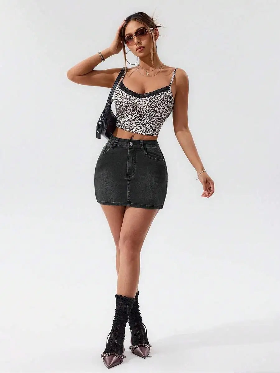 Stretch Denim Mini Skirt with Front Pockets and Streamlined Fit