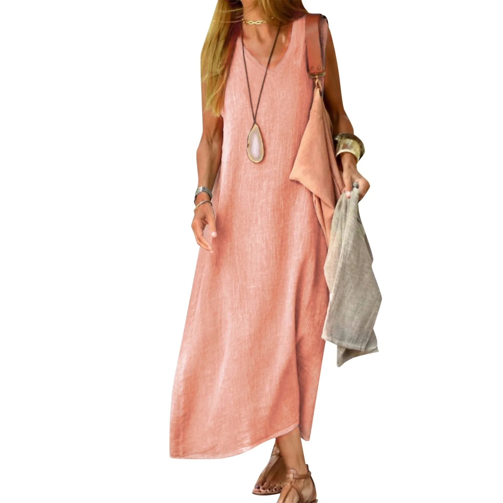 Relaxed Sleeveless Linen Look Maxi Dress with Minimalist A-Line Silhouette