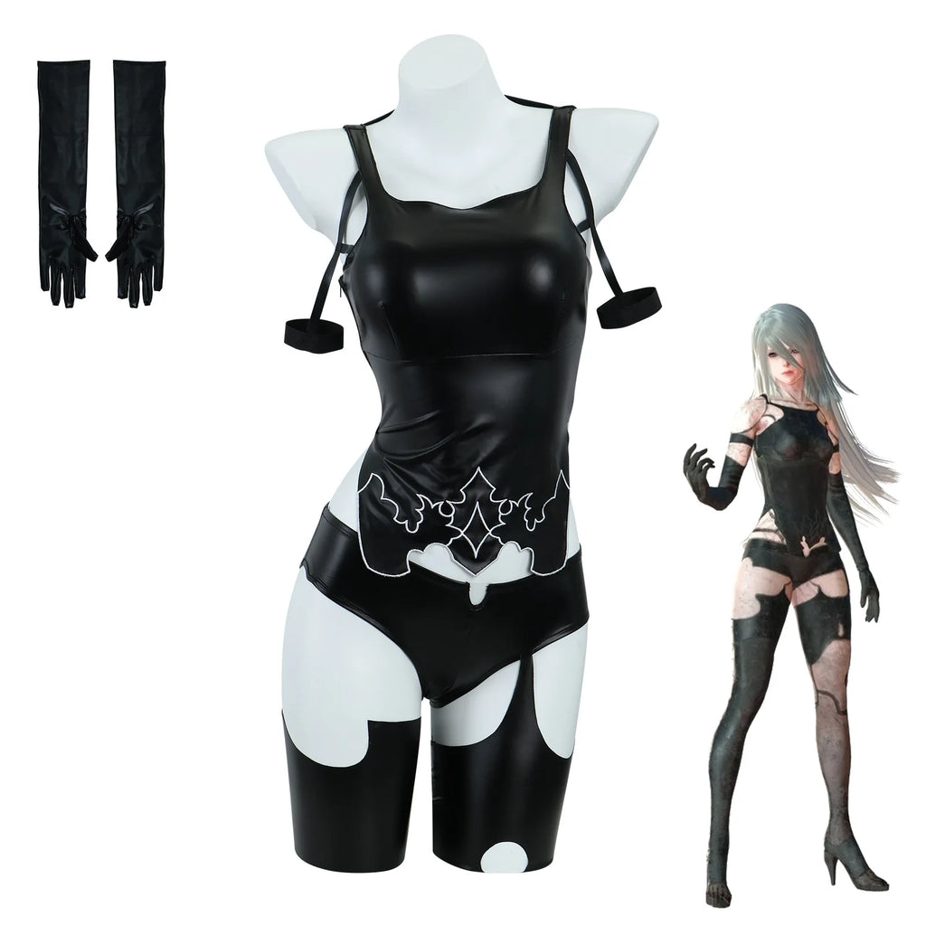 Fierce Glossy Black Cutout Bodysuit with Asymmetrical Leg Accents and Gloves