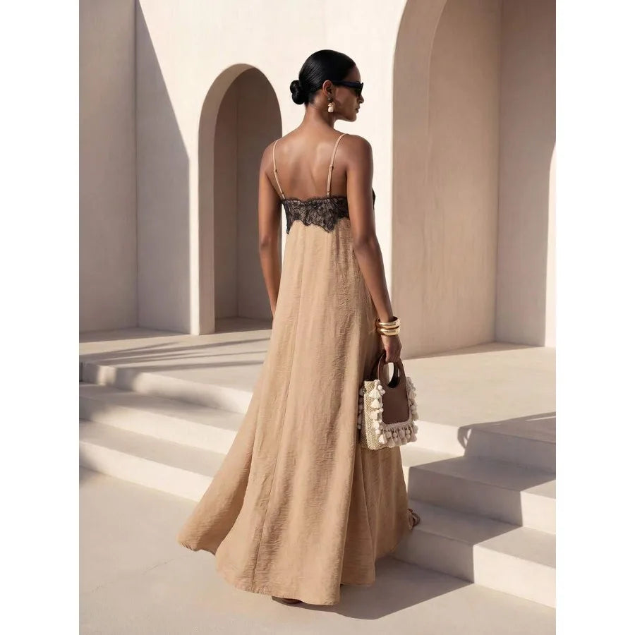 Contrast Trim Maxi Dress With Soft A Line Flowing Silhouette