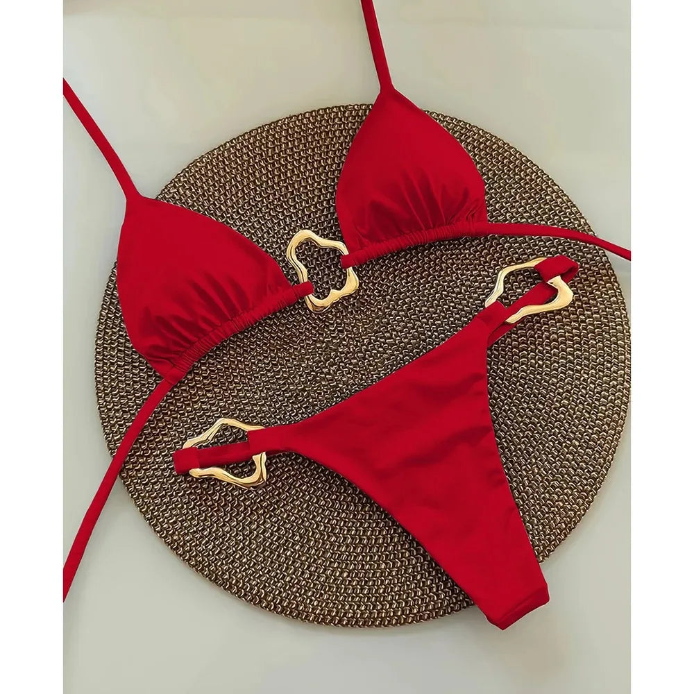 Rich Teal Triangle Bikini with Delicate Metallic Ring Details