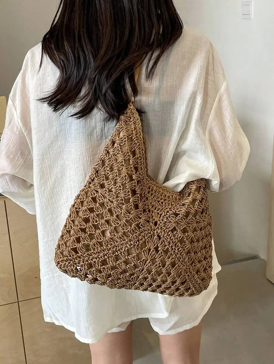 Handwoven Straw Tote Shoulder Bag with Open Relaxed Silhouette