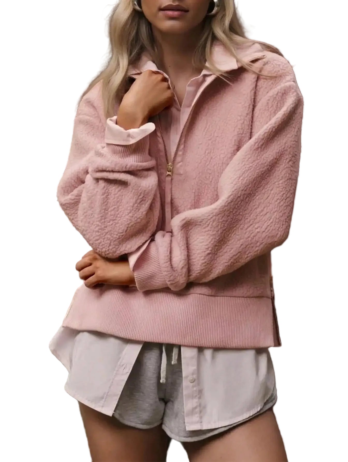 Women's Half Zip Fleece Pullover Sweater with Relaxed Mock Neck Design