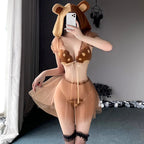 Playful Bear Theme Cosplay Lingerie Set with Sheer Mesh Skirt