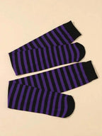 Striped Thigh High Knit Stockings with Bold Gothic Inspired Over-the-Knee Streetwear Style