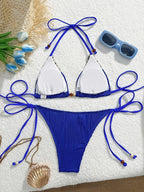 Pastel Pink Textured Triangle Bikini with Woven Bead Trim