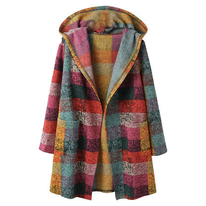 Women's Hooded Plaid Longline Zip Cardigan Jacket with Relaxed Casual Layering Style