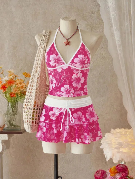 Light Blue Floral Halter Tankini Set with Tiered Ruffle Skirt
