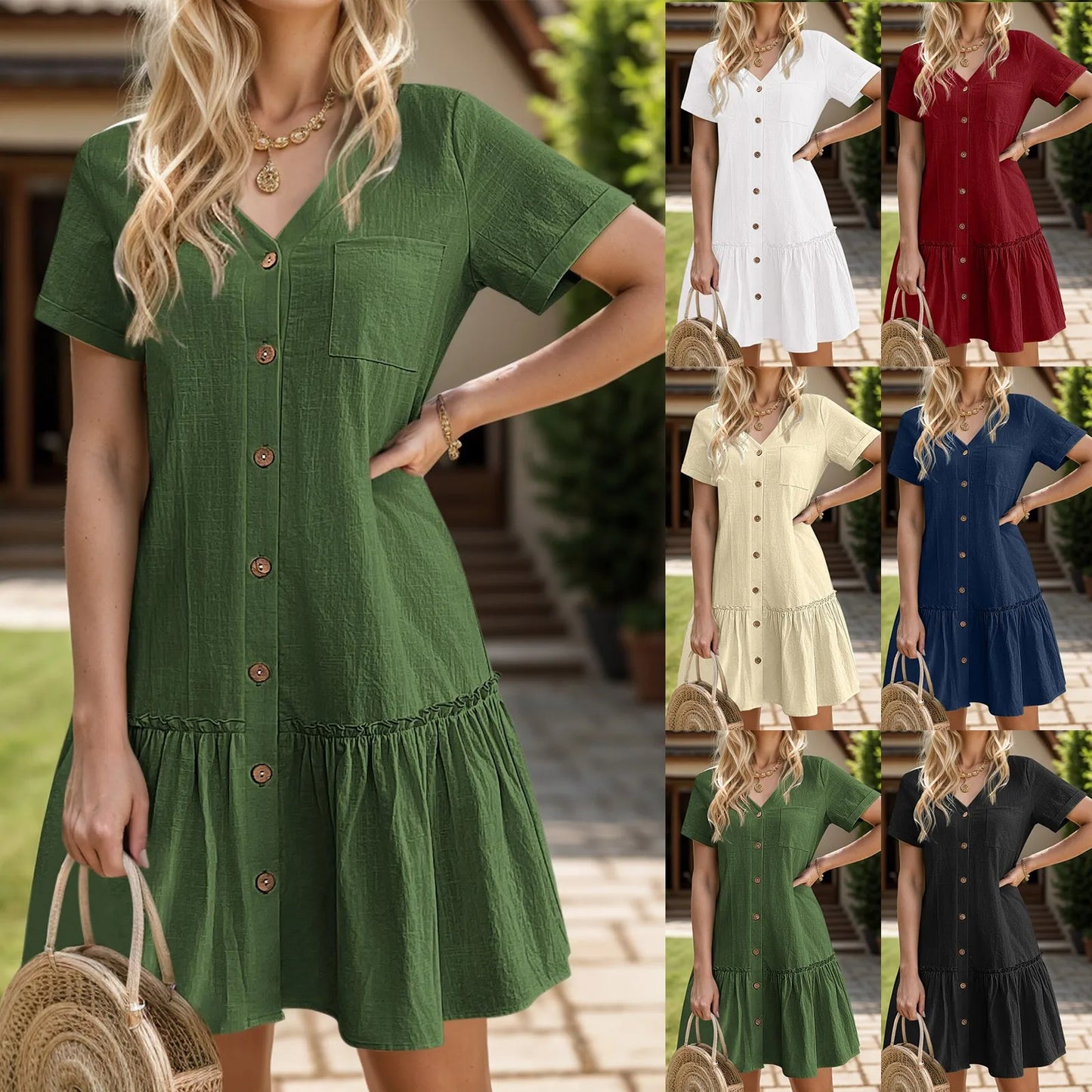 Button Front Ruffle Hem Mini Dress with Relaxed Everyday Summer Silhouette