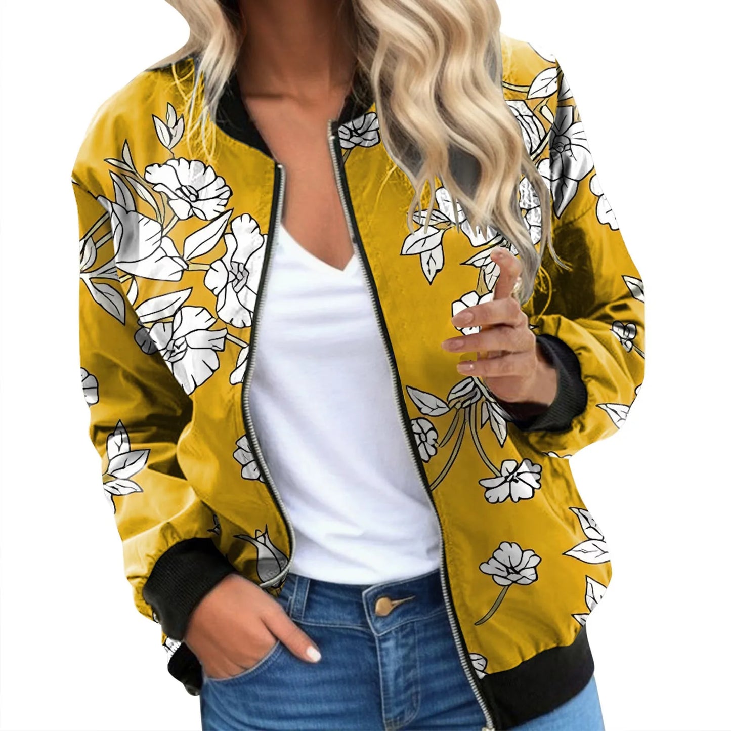 Women's Floral Print Zip-Up Bomber Jacket with Relaxed Contemporary Streetwear Short Fit