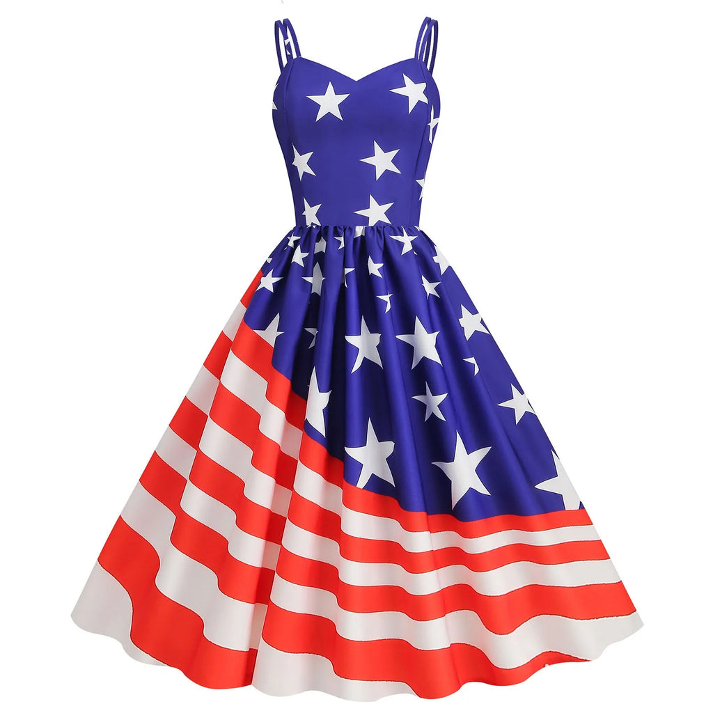 American Flag Print Retro A-Line Swing Dress with Sweetheart Neckline