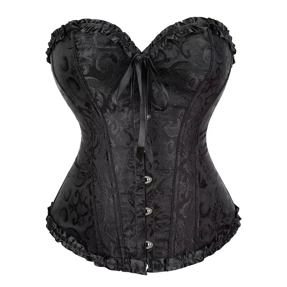 Floral Jacquard Overbust Corset with Sweetheart Neckline and Busk Closure