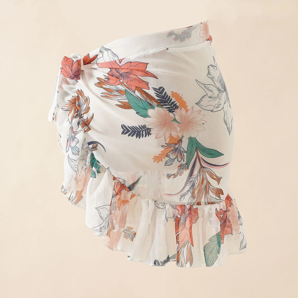 Sheer Printed Chiffon Bikini Cover-Up Skirt with Lightweight Wrap Design for Beach and Poolside Styling