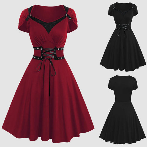 Alternative Gothic Fit and Flare Dress with Corset-Inspired Waist Detailing - BigCat Streetwear