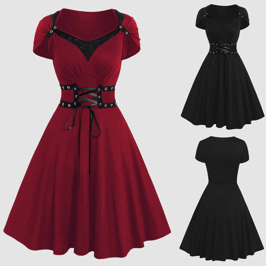 Alternative Gothic Fit and Flare Dress with Corset-Inspired Waist Detailing
