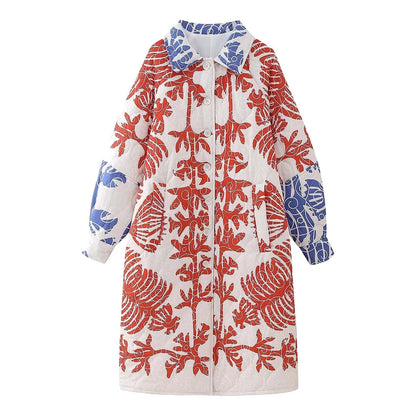 Women's Printed Quilted Hooded Padded Coat Relaxed Winter Casual Long Outerwear Jacket