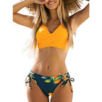 Orange and Blue Floral Bikini Set with Triangle Halter Top, Lace-Up Details and Coordinating Low-Rise Bottom