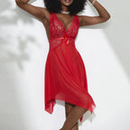 Elegant White Asymmetrical Lace Chemise with Deep V-Neckline
