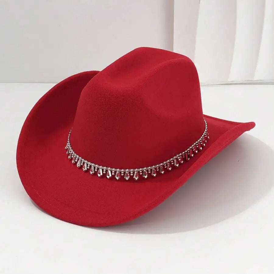 Women's Felt Western Cowboy Hat with Decorative Chain Detail for Casual Statement Style