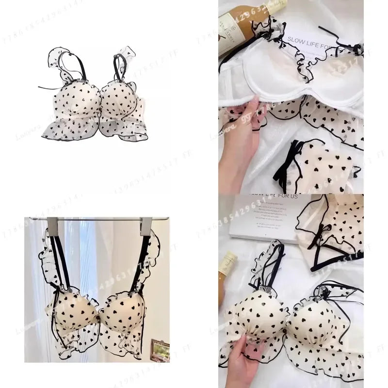 Vintage Polka Dot Tulle Ruffled Push-Up Bra and Matching Frilled Low-Rise Panty Set