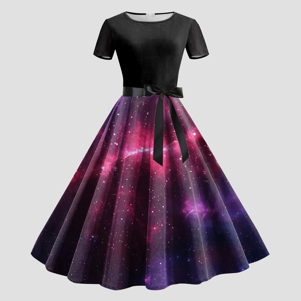 Cosmic Galaxy Print A-Line Swing Dress with Black Bodice and Waist Tie