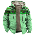 Men's Hooded Sherpa Lined Geometric Pattern Zip Jacket for Relaxed Outdoor Streetwear Style