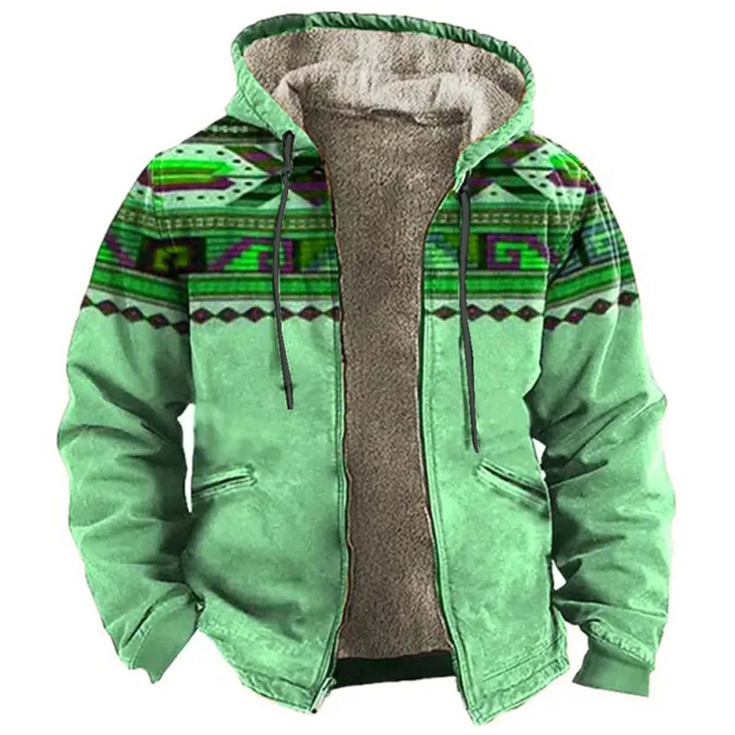 Men's Hooded Sherpa Lined Geometric Pattern Zip Jacket for Relaxed Outdoor Streetwear Style