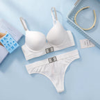 Rhinestone Logo Strap Plunge Push-Up Bra and Matching Embellished Brazilian Thong Set