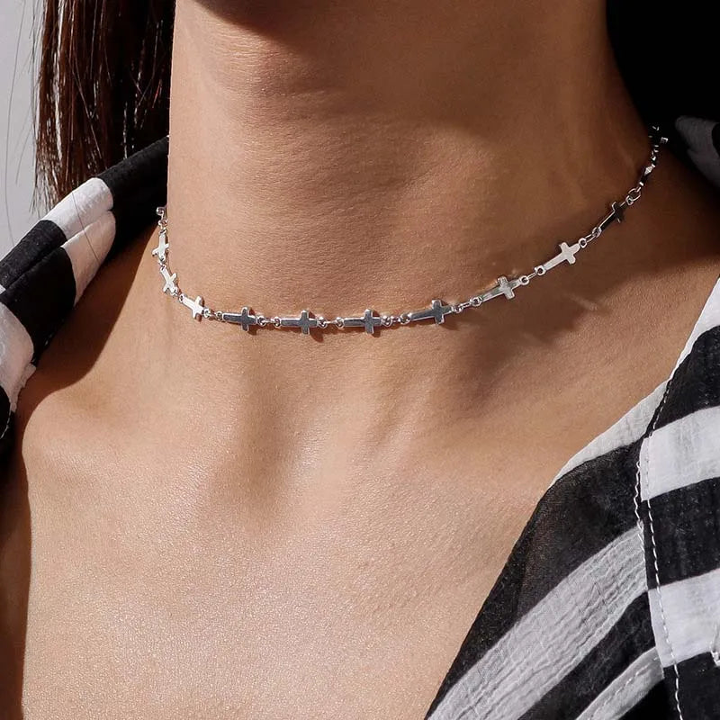 Vintage Gothic Cross Choker Necklace With Punk Chain Alternative Streetwear Fashion Styling