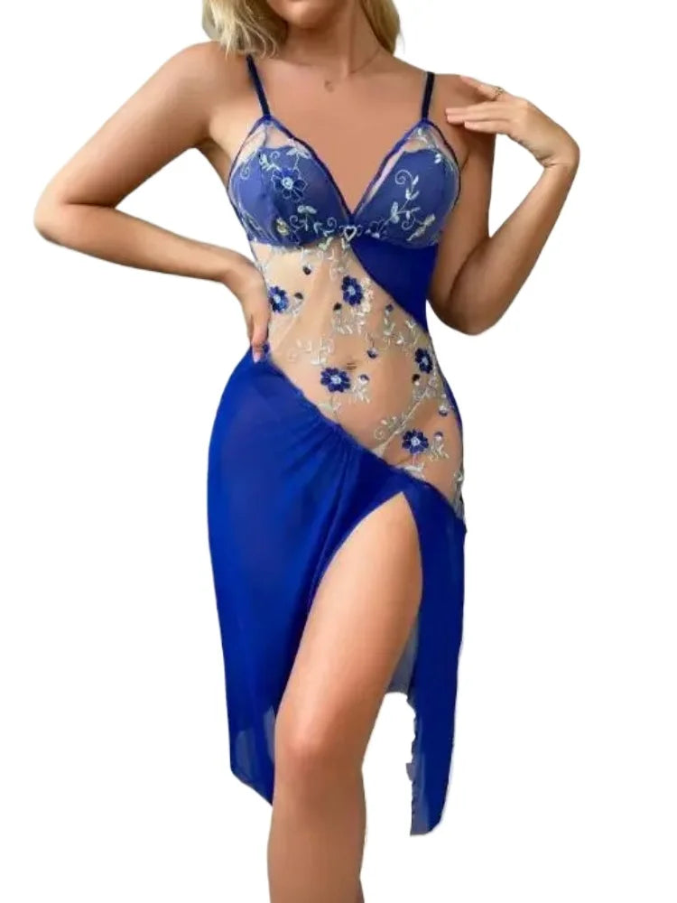 Sheer Asymmetrical Mesh Nightgown with Floral Embroidery and High Slit