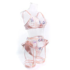 Romantic Blush Pink Satin-Finish Lingerie Set with Blue Floral Appliqués