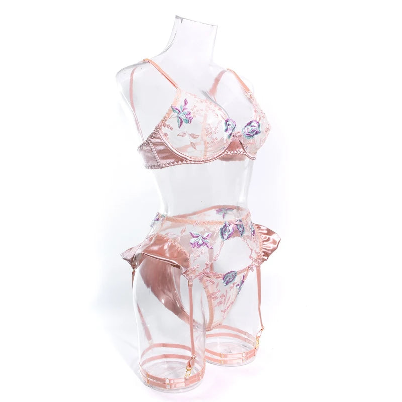 Romantic Blush Pink Satin-Finish Lingerie Set with Blue Floral Appliqués