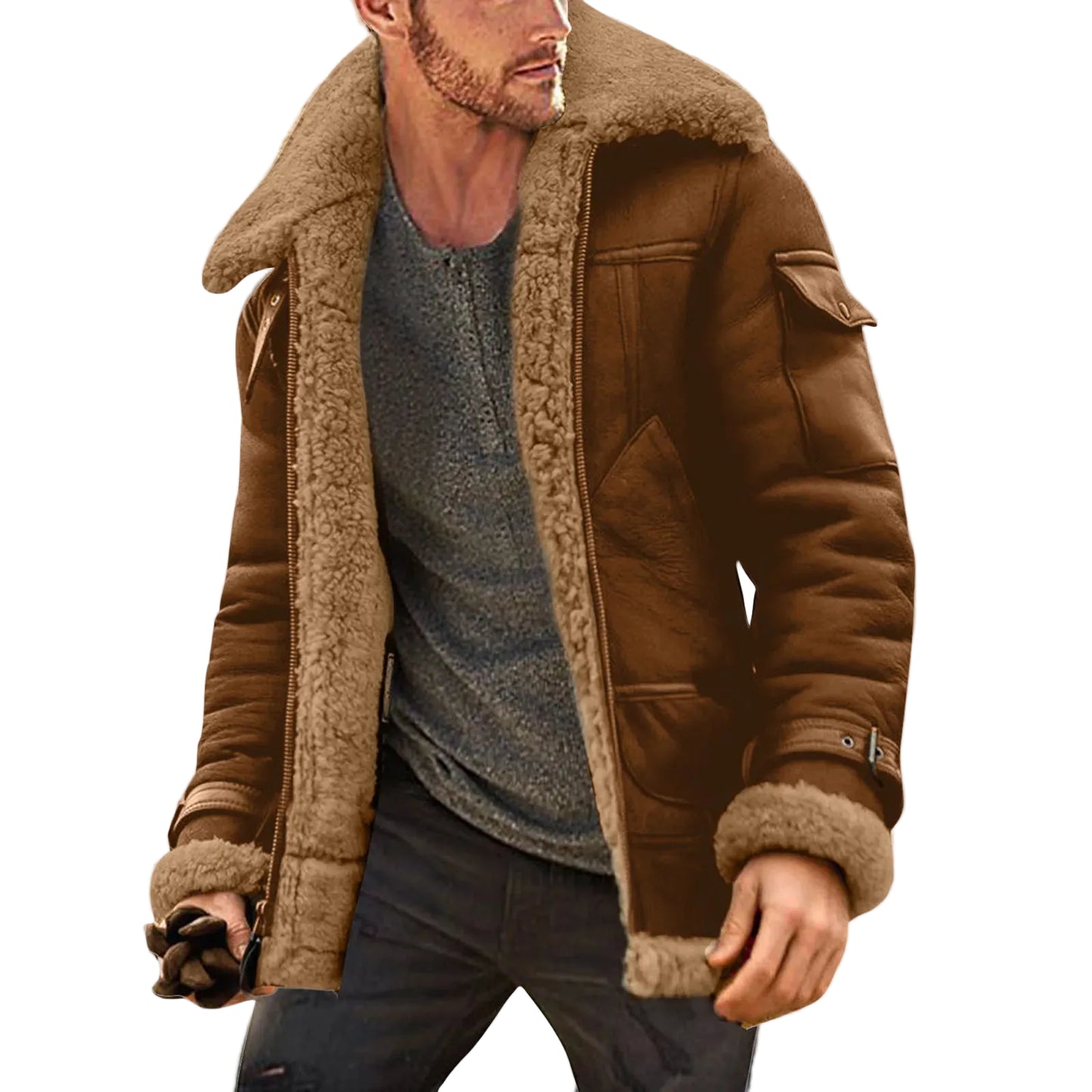 Men's Faux Suede Sherpa Lined Zip Jacket with Turn Down Collar for Rugged Casual Style