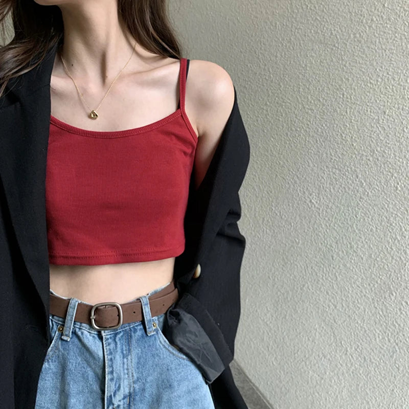 Square Neck Sleeveless Crop Top with Wide Straps Contemporary Streetwear Style
