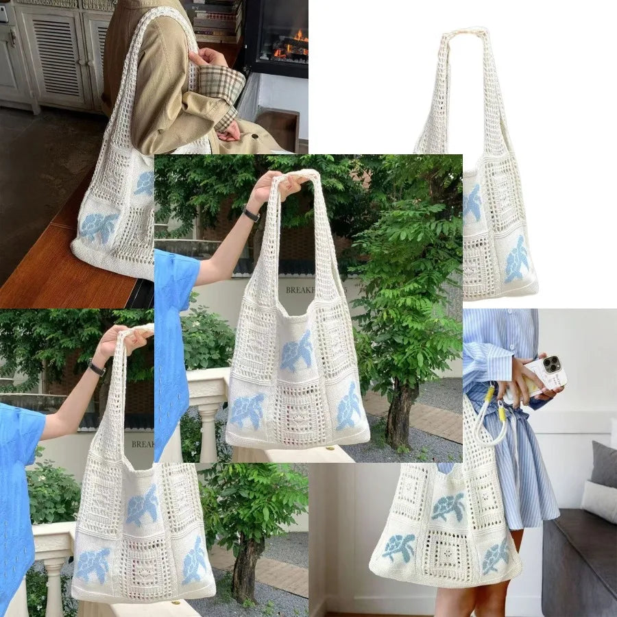 Open Knit Tote Shoulder Bag with Large Capacity Casual Design