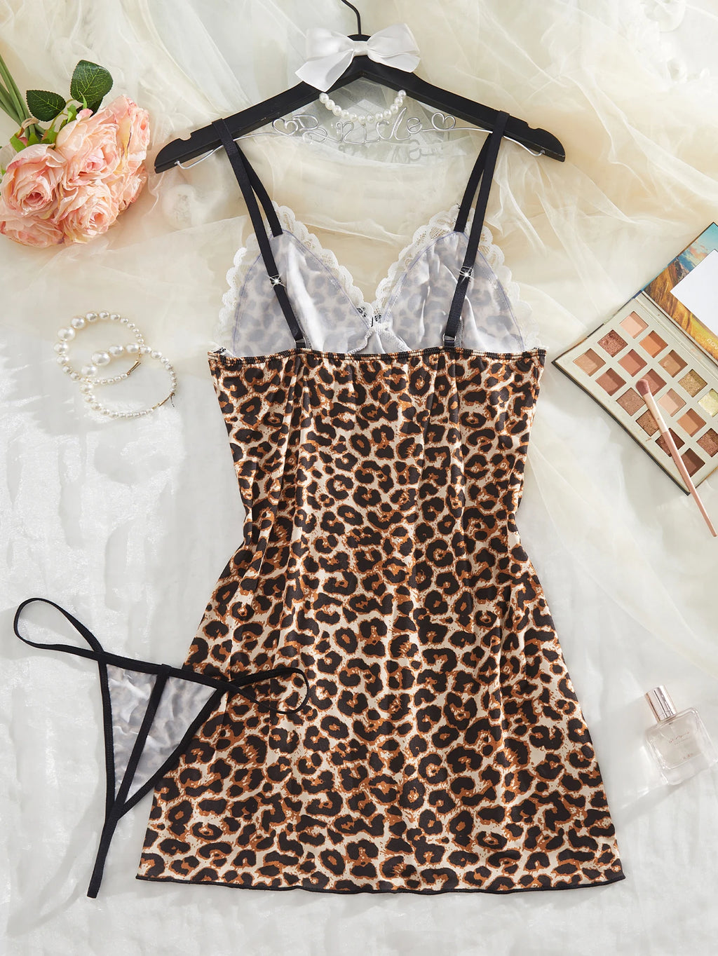 Fierce Leopard Print Camisole Chemise with White Lace Trim and Matching Panty