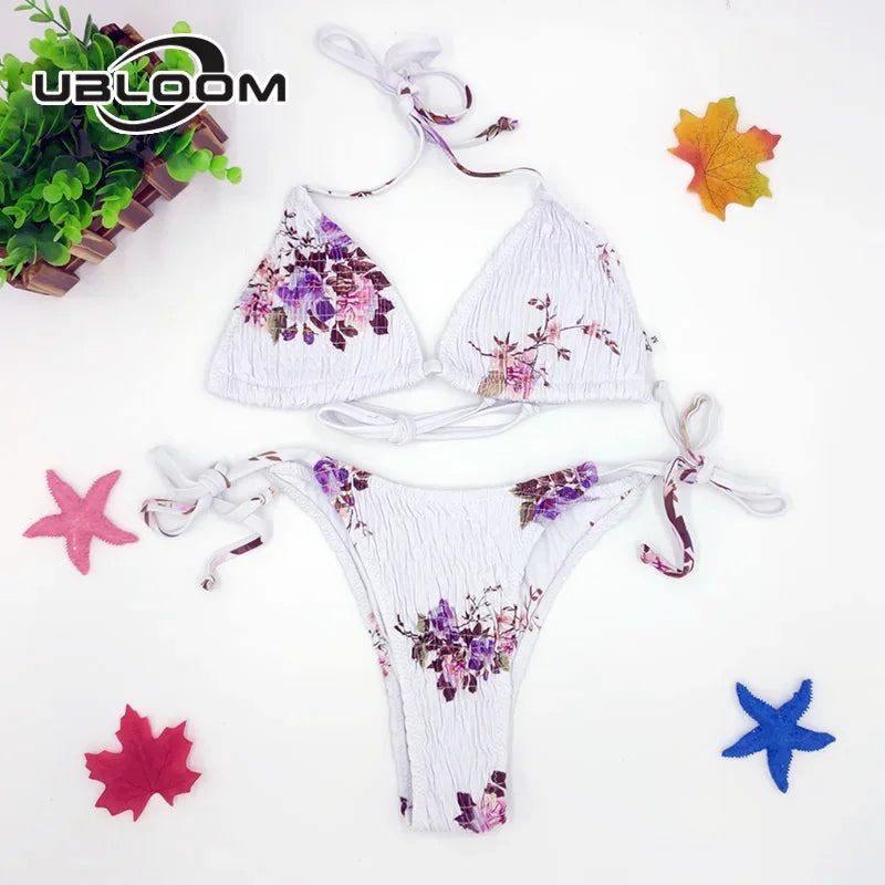 Vibrant Green Floral Underwire Bikini with Ruched Texture