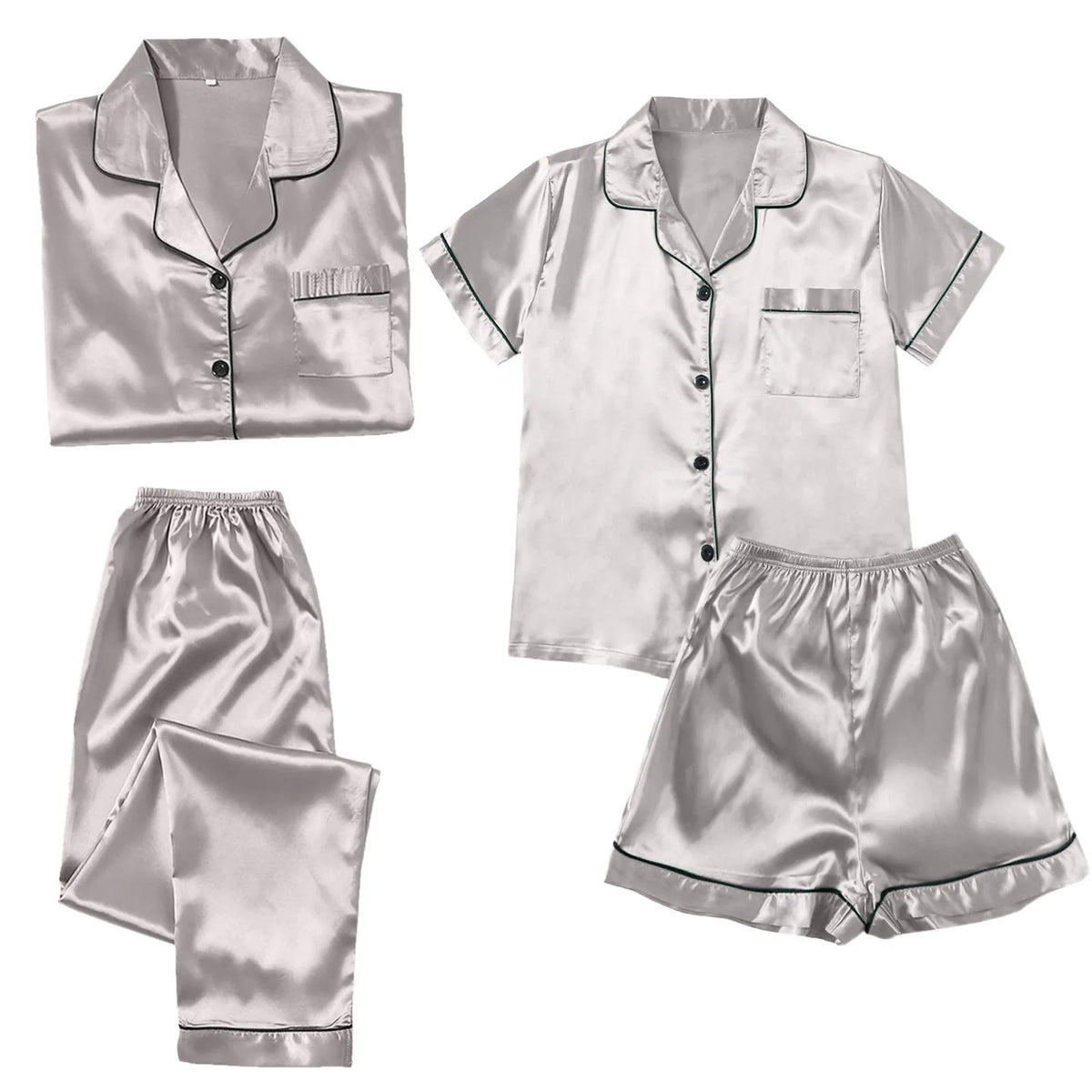 Women's 4-Piece Satin-Look Pajama Set, Short- and Long-Sleeve Tops with Matching Pants and Shorts, Soft Coordinated Loungewear