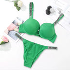 Sleek Minimalist Contour Underwire Bra and Thong Set with Crystal-Embellished Straps