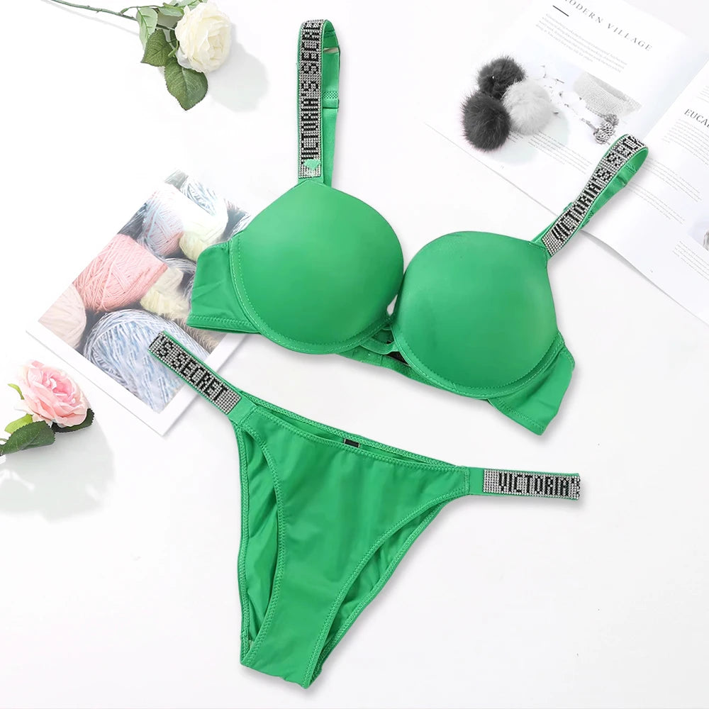 Sleek Minimalist Contour Underwire Bra and Thong Set with Crystal-Embellished Straps