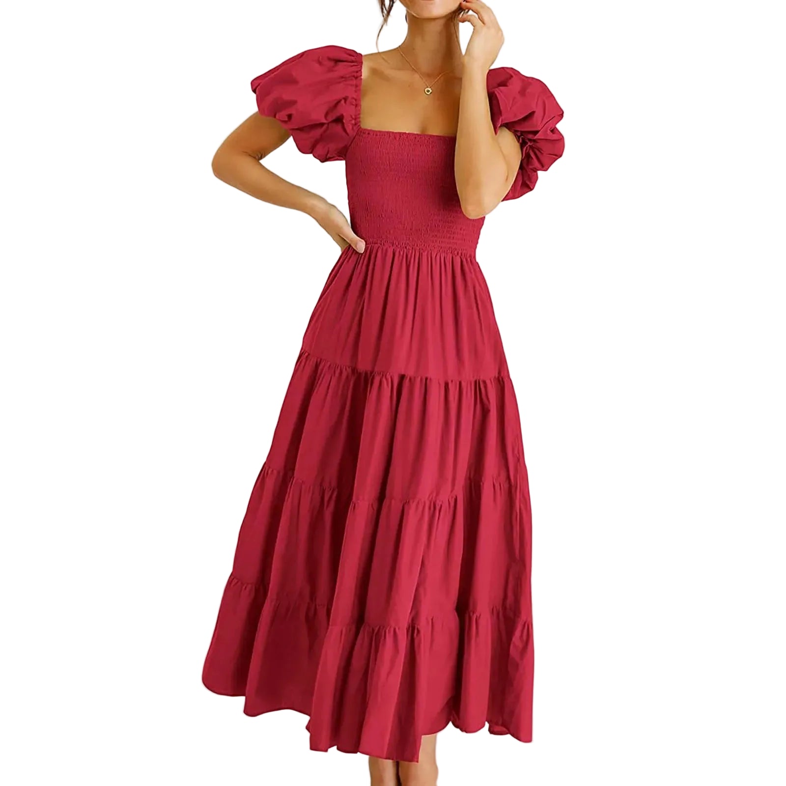 Square Neck Midi Dress with Puff Sleeves and Open Back Design