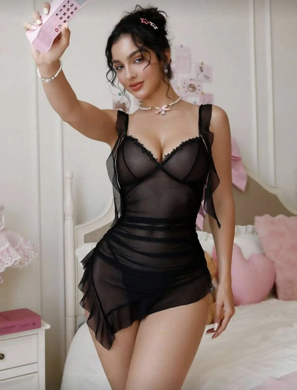 Romantic Pink Sheer Ruched Chemise with Sweetheart Ruffled Neckline
