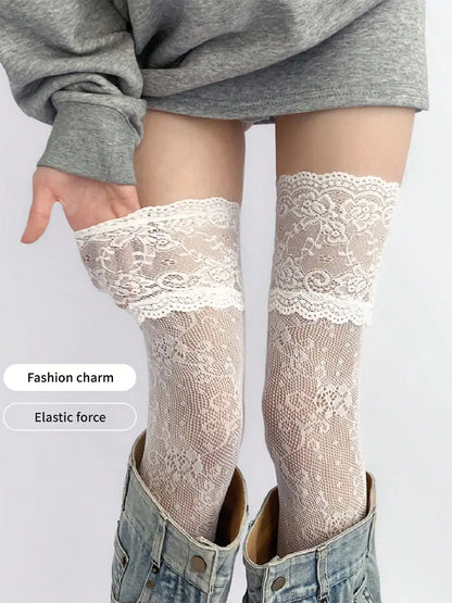 Vintage Floral Lace Thigh High Sheer Stockings with Non-Slip Stay-Up Design for Everyday Style
