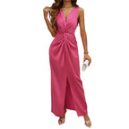 Sleeveless Pleated Maxi Dress with Deep V-Neck and Side Slit Design